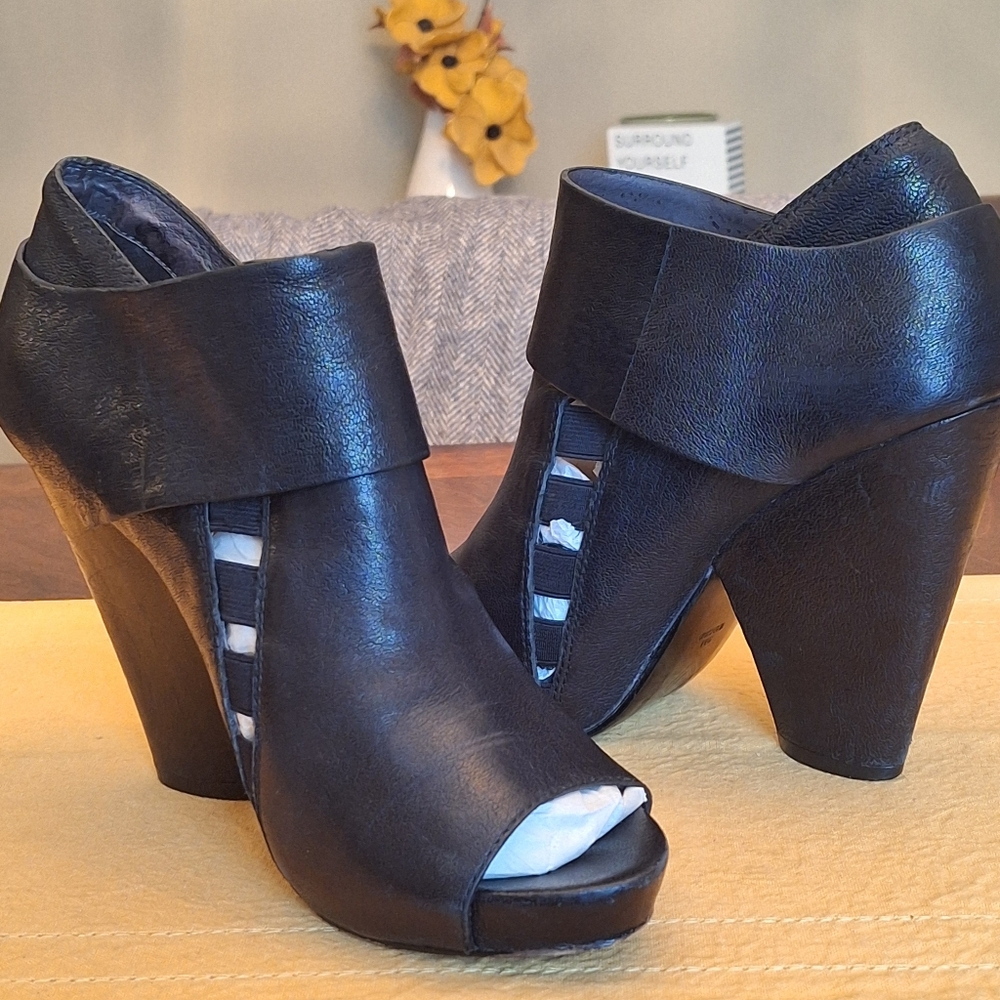 7 For All Man Kind Leather Black Open Booties Heels 9